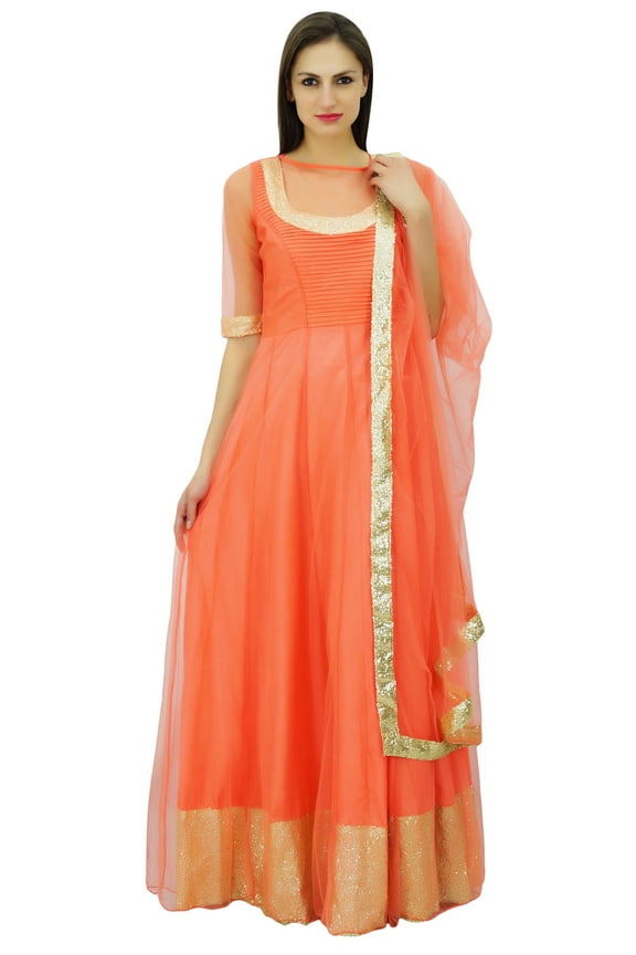 Floor Length Princess Style Orange Dress Salwar Kameez Suit With Dupatta