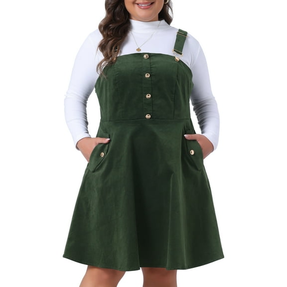 DARING DIVA Plus Size Corduroy Pinafore Overall Dress 1X Army Green