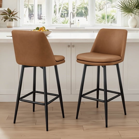 ReNest 30" Mid-Century Swivel Bar Stools Set of 2 for Home Bar or Kitchen Island, Faux Leather Upholstery, Saddle Brown
