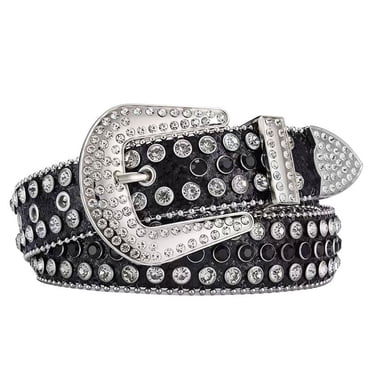 Nvzi Western Men Women Rhinestone Belts Bling Crystal Studded Leather Belt For Pants Jeans (Black)