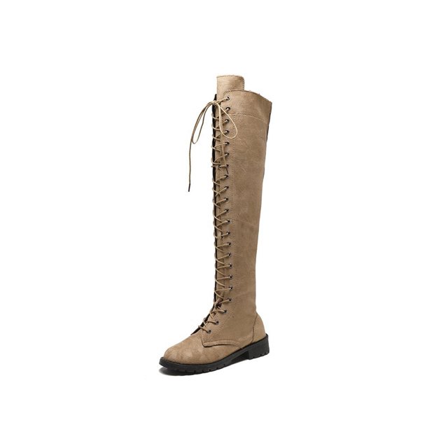 Sonducket Botas hasta la rodilla para mujer Cremallera lateral Tacón bajo Flock Muslo Botas altas Microfibra Color sólido Zapatos planos Accesorio Calzado caqui 2 Sonducket AP013397-11