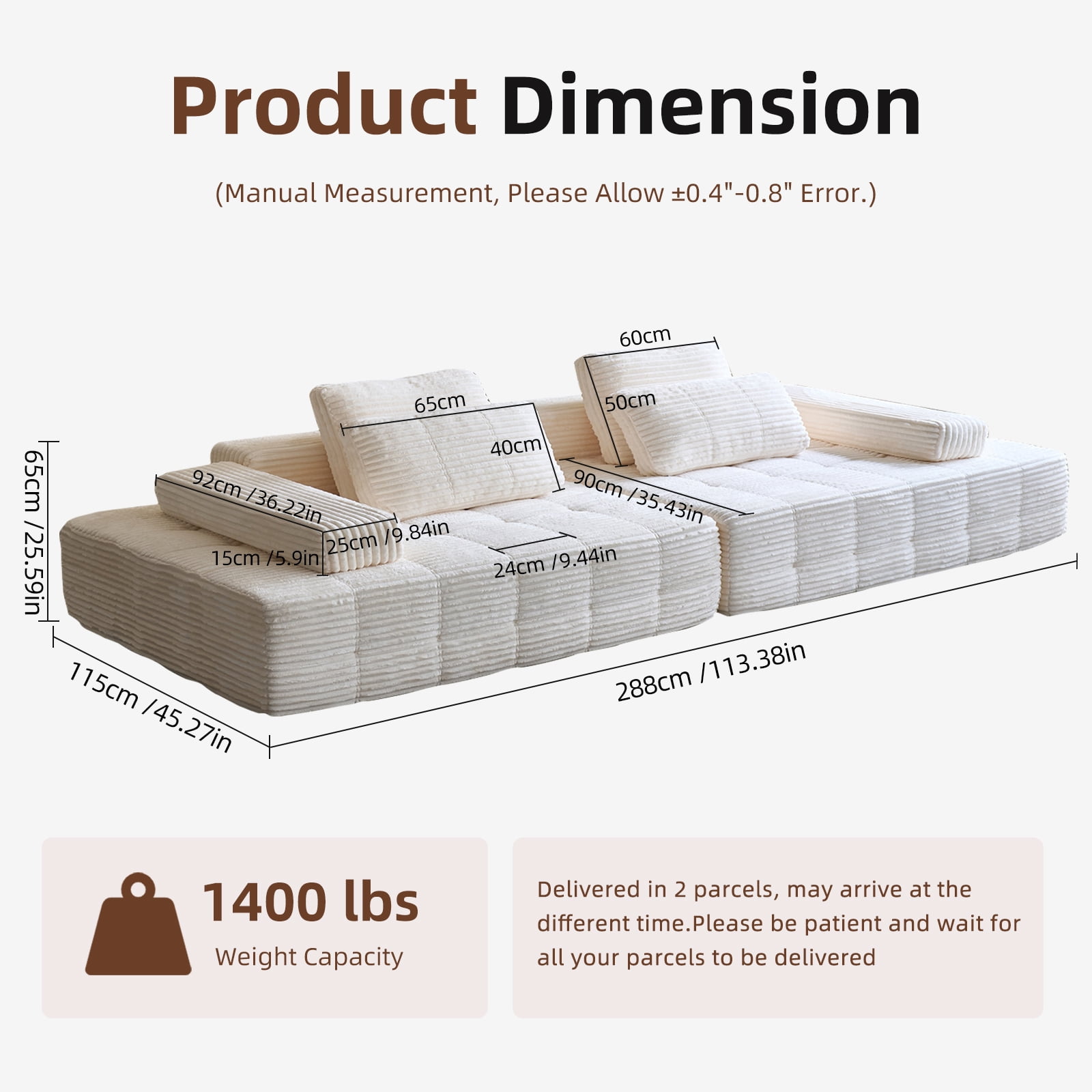 Garaneeds 113" Beige Modular Sectional Sofa for Living Room - Boneless Cloud Couch, No Assembly Required