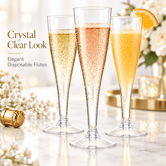 24 Pack Clear Plastic Champagne Flutes, 4.5 oz Disposable Stemmed Champagne Glasses for Weddings, Parties, Mimosas, Receptions & Celebrations