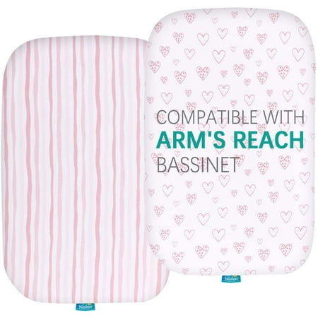 Bassinet Fitted Sheets Compatible with Arm's Reach Mini Ezee 2 in 1 Co-Sleeper Bassinet, 2 Pack, 100% Jersey Cotton Fitted Sheets, Breathable and Heavenly Soft, Pink Stripes and Hearts Print for