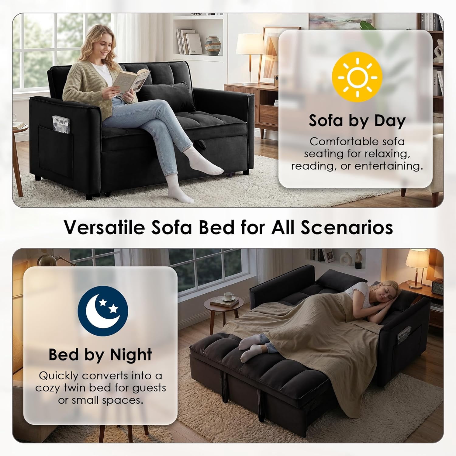 55" 3-in-1 Convertible Loveseat Sleeper Sofa, Velvet, with Pull-Out Bed, Reclining Backrest and Side Pockets, Black