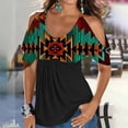 thumbnail image 2 of Usmixi Summer Tee Shirt for Women Women's Cold Shoulder Tops Empire Waist Top Western Ethnic Diamond Print Short Sleeve Shirts Casual Blouses Tunics Green m, 2 of 5