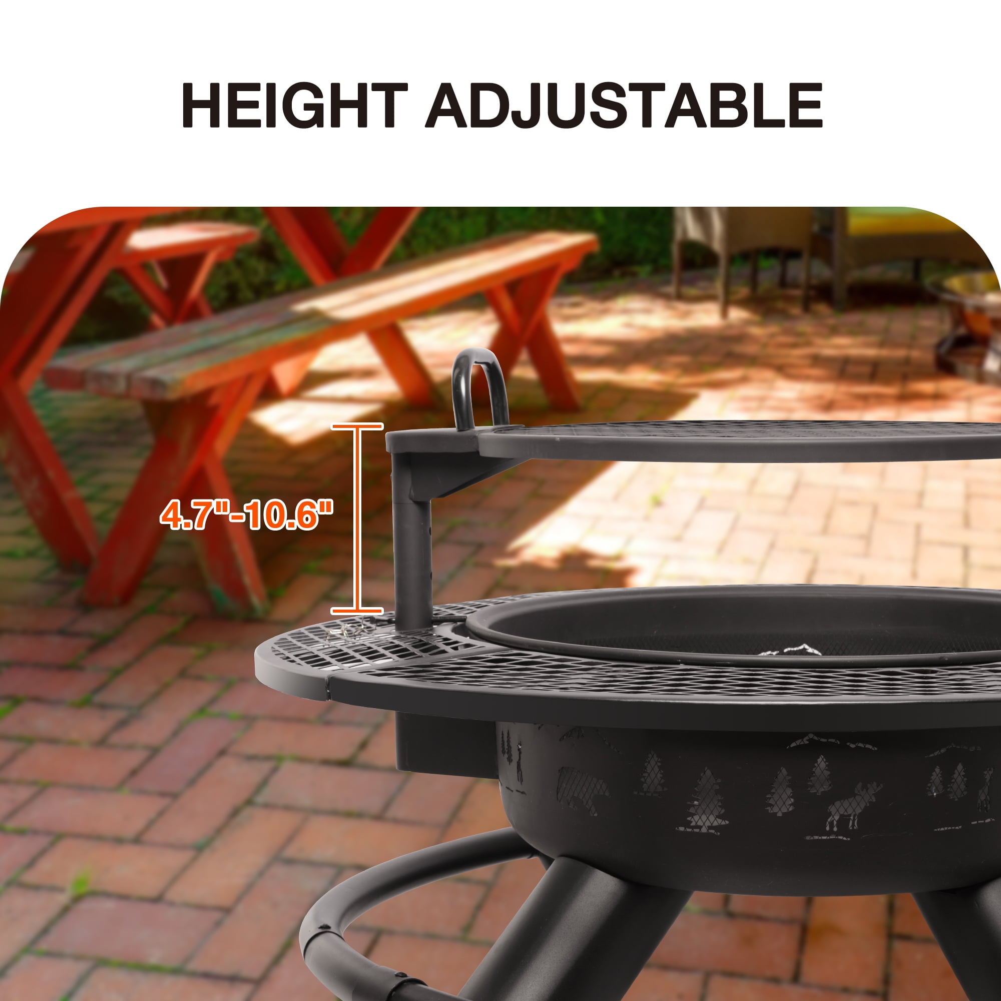 Bestier 47" Fire Pit for Outside Wood Burning, Extra Large BBQ Pit with Cooking Grill Grate, Patio Round Metal Fireplace for Camping, Backyard, Bonfire Picnic Party, Forest Style