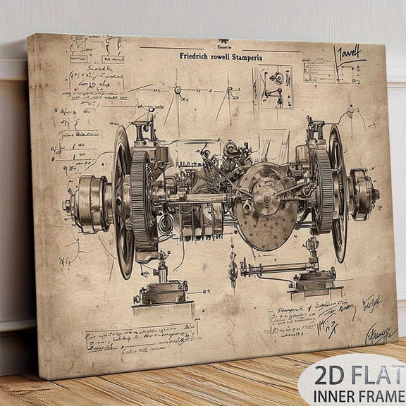 1pc Vintage Mechanical Engine Blueprint Art Print 12.0x16.0inch Wooden Framed Canvas Painting for Living Room, Study, Office Decor, Perfect for Room Decor Unique Gift Idea.