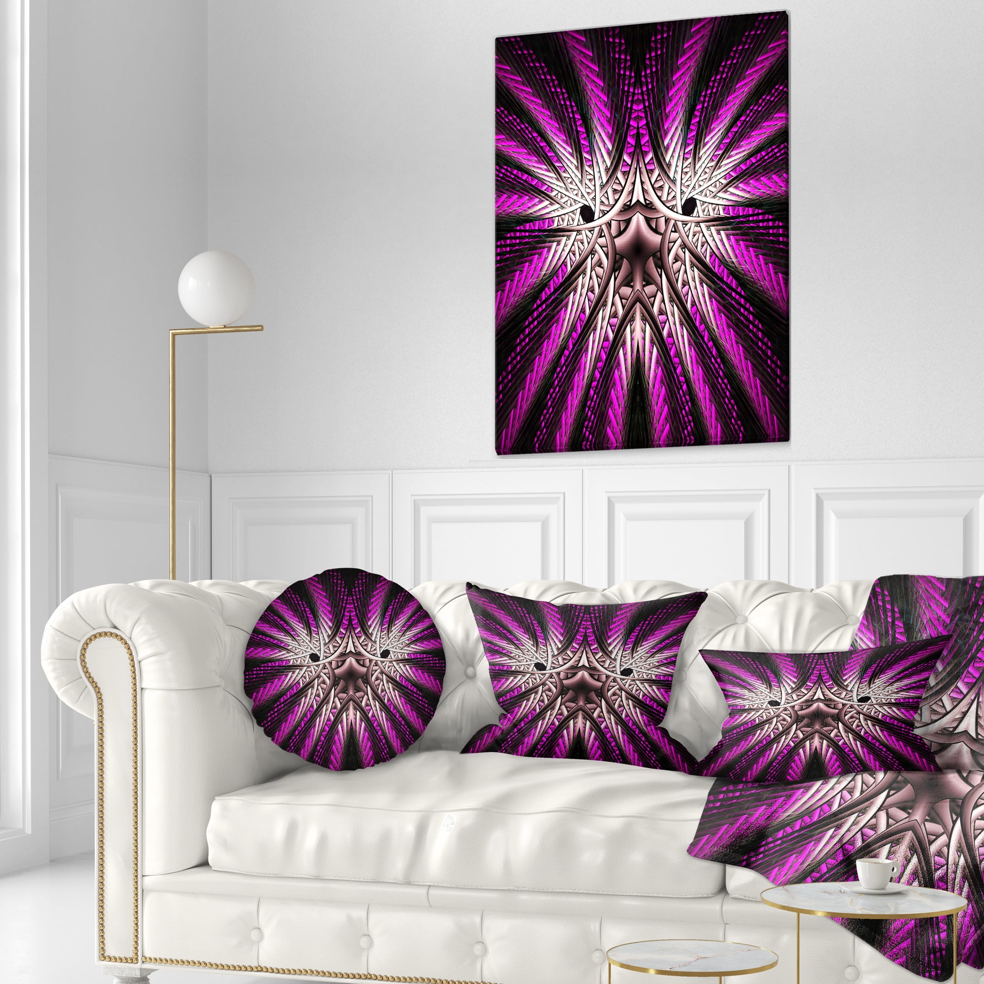 Designart Glowing Purple White Fractal Flower - Abstract Throw Pillow - 12x20