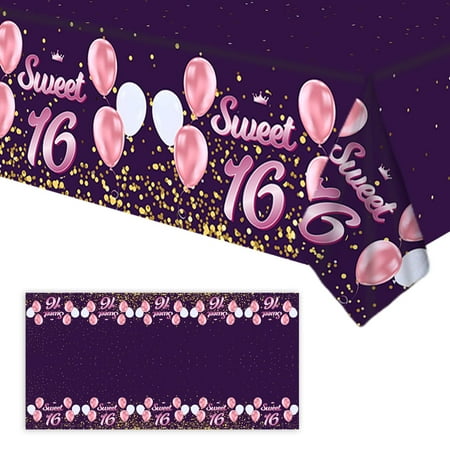 

Sweet 16 Tablecloth Purple Gold Party Supplies 16th Birthday Backdrop Banner Theme Table Covers for