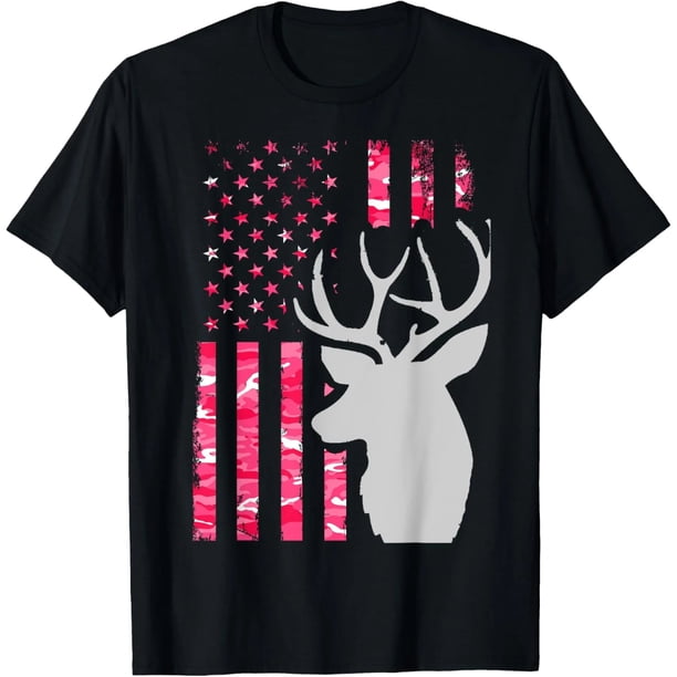 Camiseta para Mujer de Caza con Bandera Americana en Camuflaje Rosa