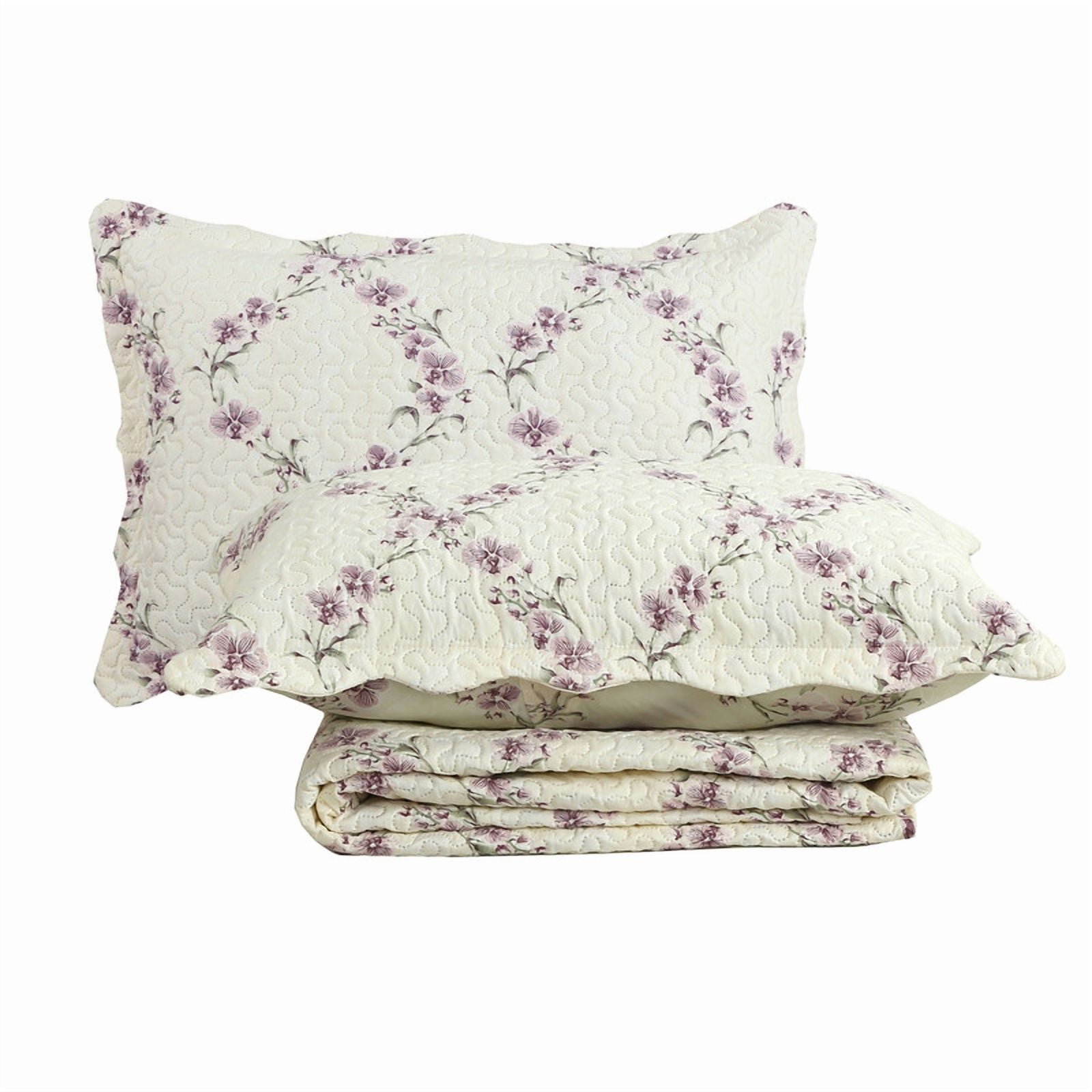 Marina Decoration Rich Printed Embossed Pinsonic Coverlet Bedspread Ultra Soft Home Bedding 3 Piece Summer Quilt Set with 2 Embossed Shams, Purple Orchid Cream Pattern King Size
