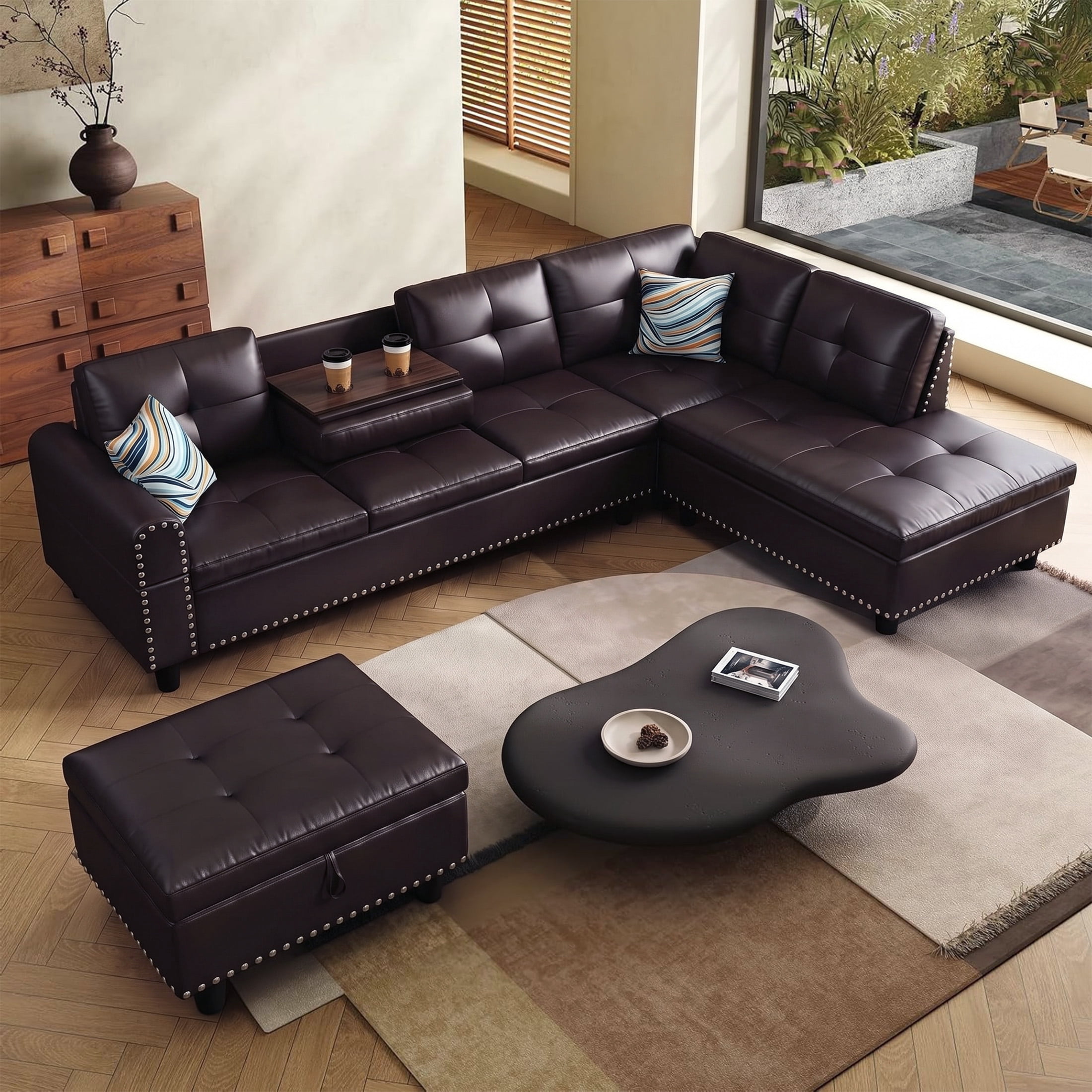 AENKYO 98" L-Shaped Sectional Sofa with Reversible Chaise, Storage Ottoman & Cup Holders, Faux Leather, Brown