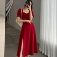 thumbnail image 4 of Solid Puff Short-Sleeved Elegant Slit Dress New Fashion Women V-neck Full Dresses Ladies High Waist Slim Evening Party Vestidos, 4 of 9