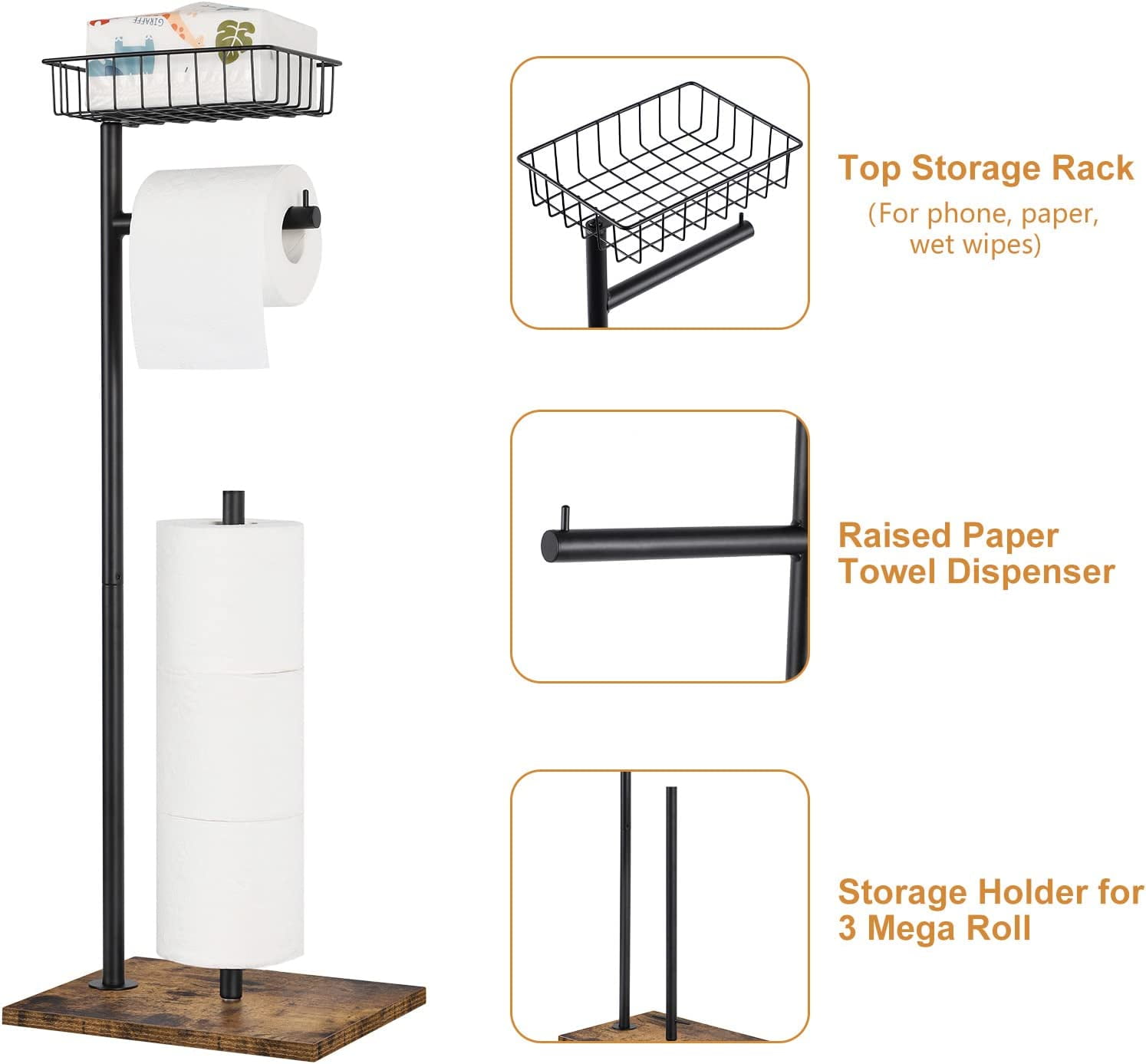 Freestanding Black Toilet Paper Holder Stand with Wood Base and Basket