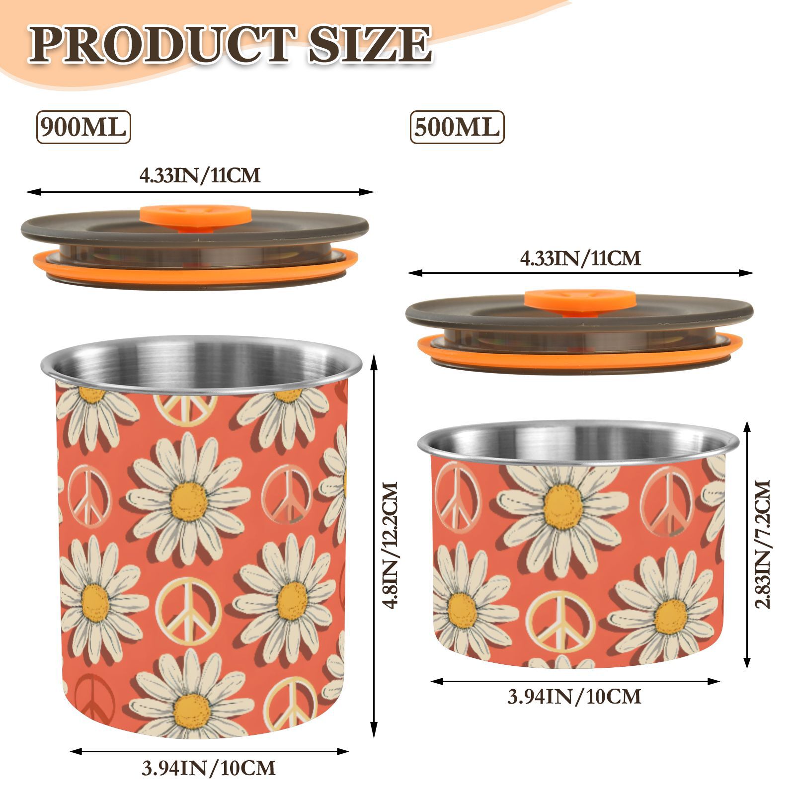 Daisy Flower Peace Symbol Airtight Coffee Bean Canister 30oz Food Storage Containers with Lids For Gournd, Tea, Sugar, Flour, Rice, Cereal, Candy Cookie Jar