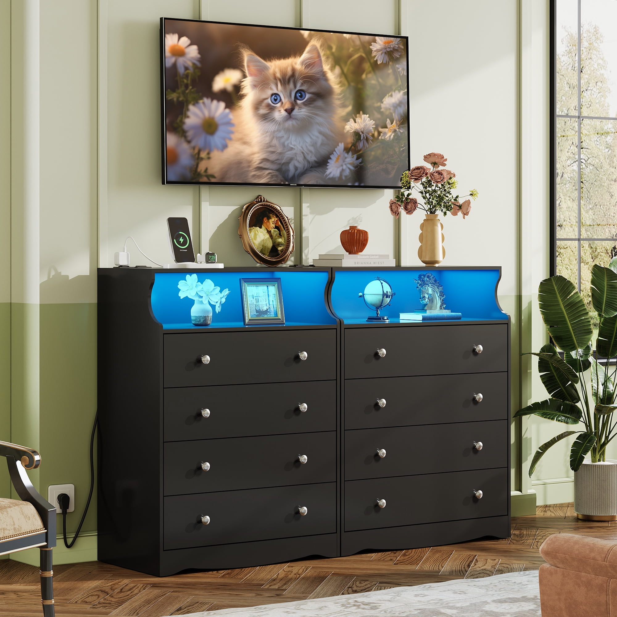 GALAXHERO 4 Drawers Dresser for Bedroom, Tall Black Dressers with  LED Open Shelf, Modern Chest of Drawers with Charging Station, Wood Closet Clothes Organizer Storage Cabinet