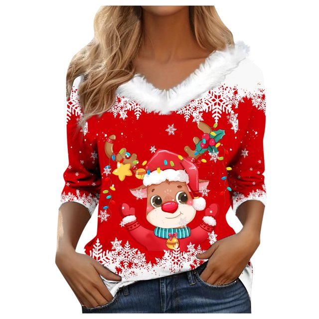 WEAIXIMIUNG T-Shirt à Manches Longues pour Femmes, Automne Hiver, Mode Décontractée, Col en V, Imprimé de Noël