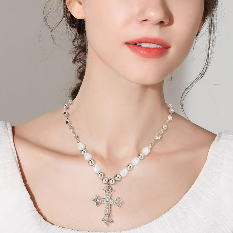 Vintage Pearl & Cross Choker Necklace - Floral Gothic Layered Design, Alloy Material, Gift For Women & Teens