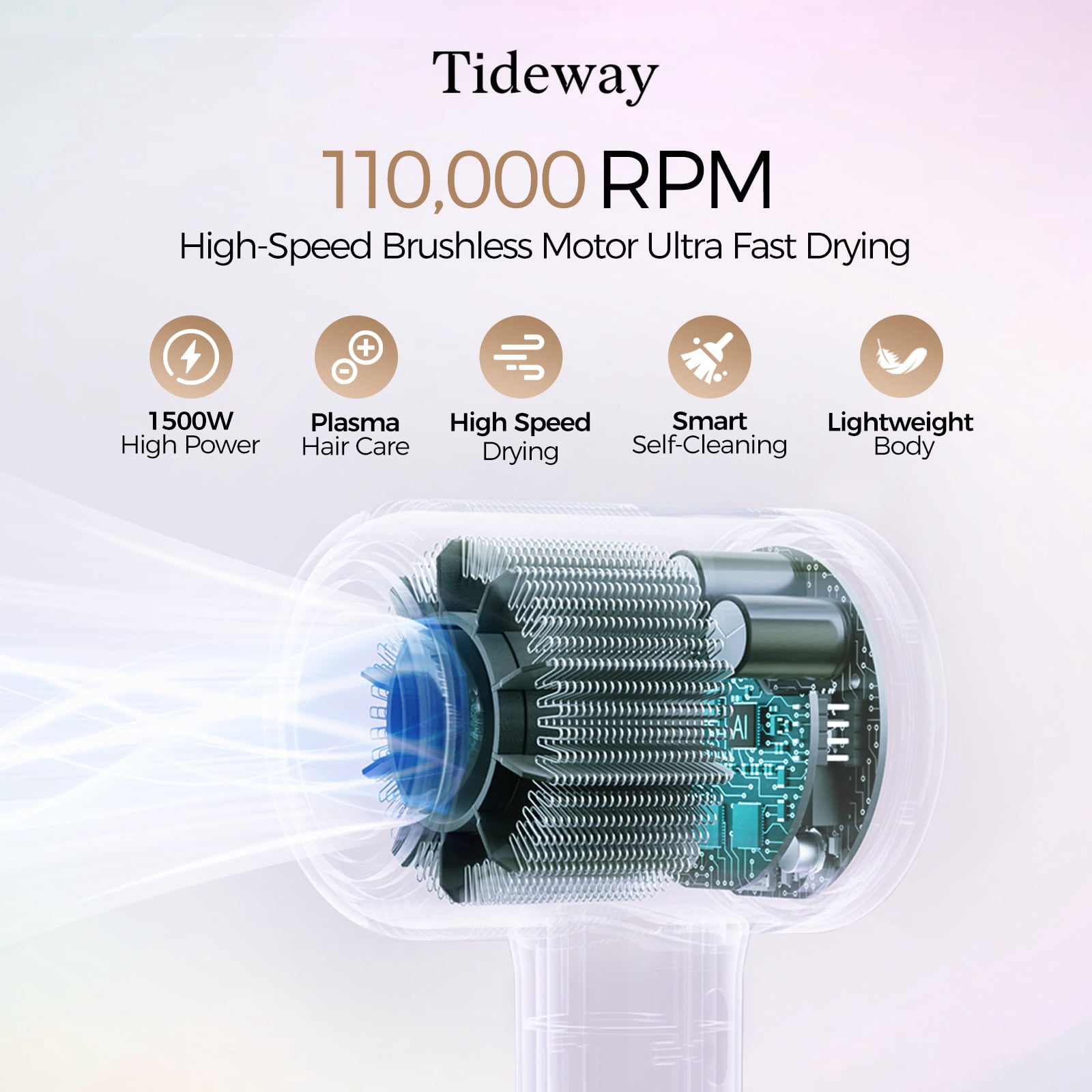 Tideway H11 Hair Dryer with Diffuser, High-Speed 110,000 RPM Brushless Motor, Plasma Tech, Smart Temp Control, Lightweight, Gold