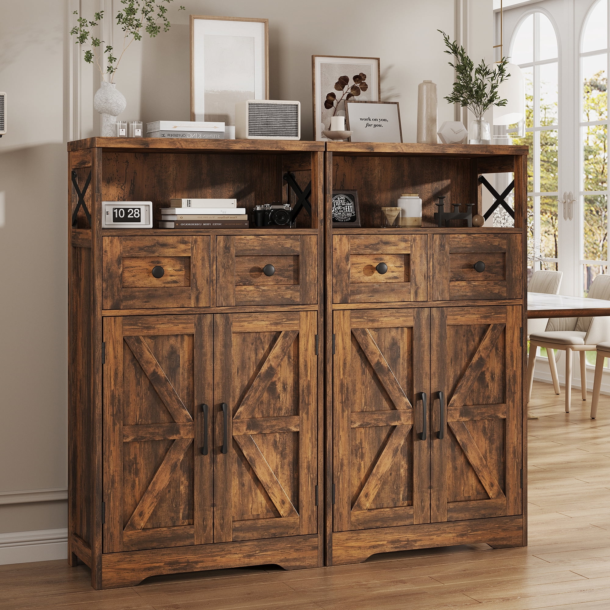 Farmhouse Storage Cabinet with Drawers and Shelves, Freestanding Kitchen Pantry Storage Cabinet, Floor Storage Cabinet Hutch Cupboard for Dining/Living Room/Home Office, Rustic Brown