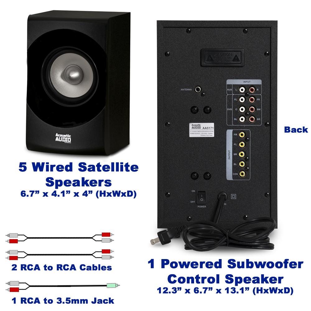 Acoustic Audio AA5171 Home Theater 5.1 Bluetooth Speaker System with FM and 4 Extension Cables - image 4 of 7