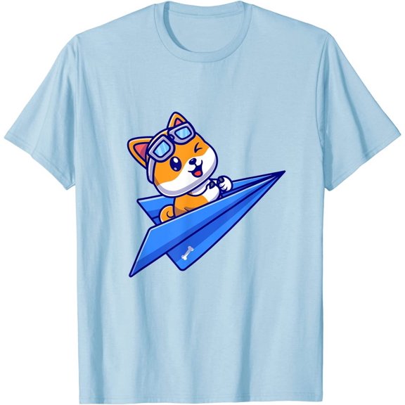 Blue Paper Plane Flying Happy Cute Dog with Pilot Goggles T-Shirt