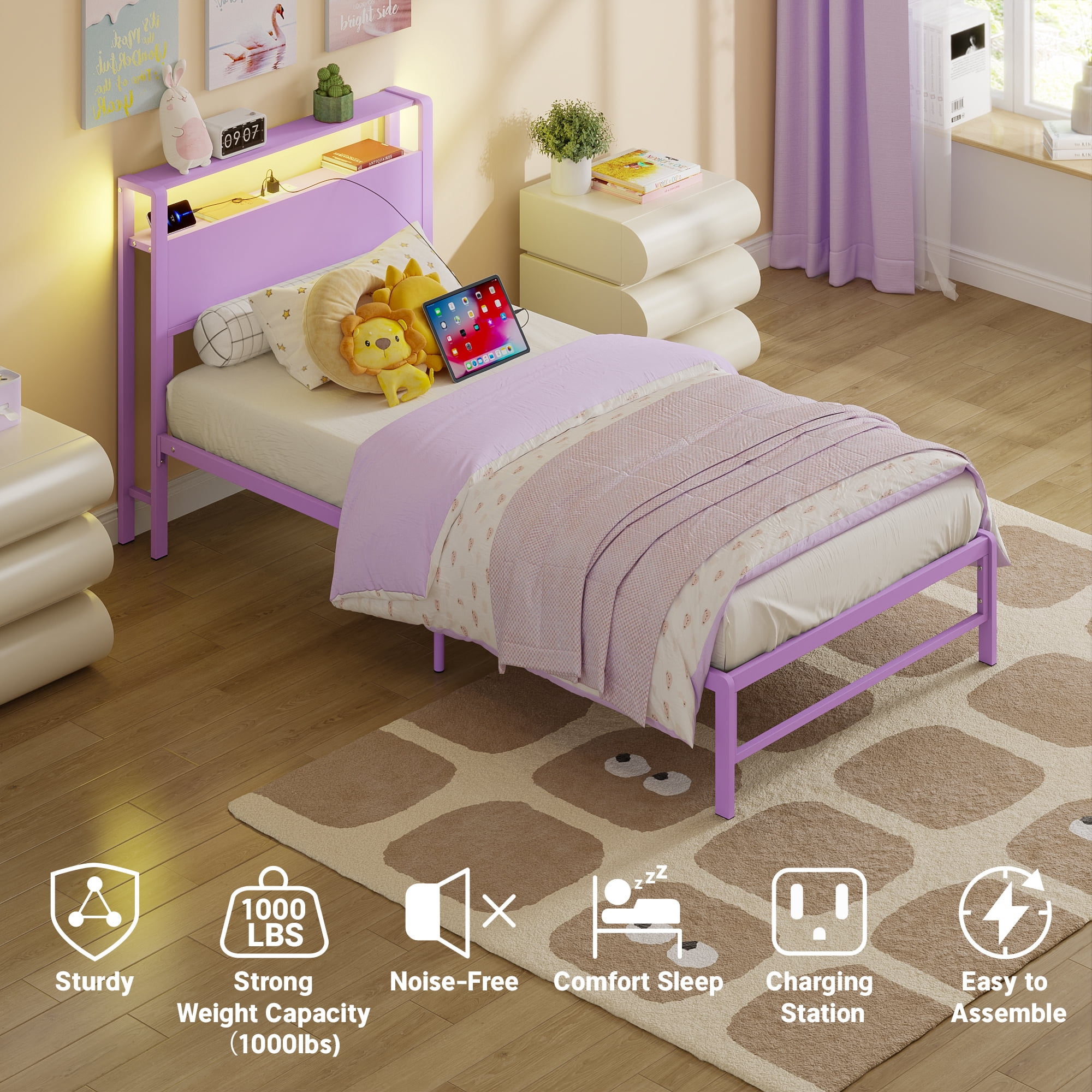 Yoneston Power Outlet LED Light Twin Metal Platform Bed Frame with 2-Tier Storage USB Charging Station Headboard for Kids Girls Teens Child, Purple