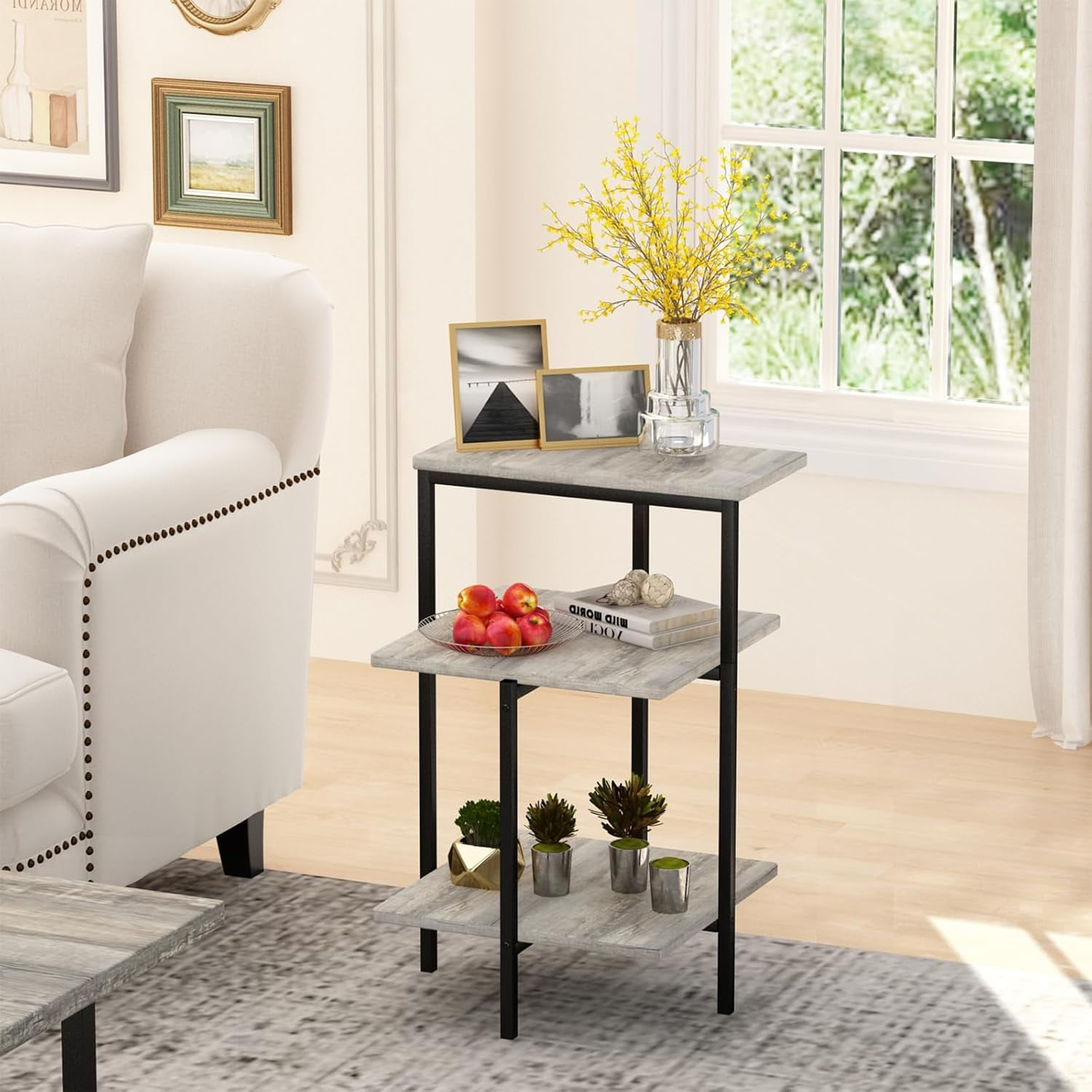 Cvortll Coffee Table Set of 3, Rectangle Faux Marble Tabletop & 2 Tiered Side Tables, Multi-Level Storage for Living Room（Gray & Black）