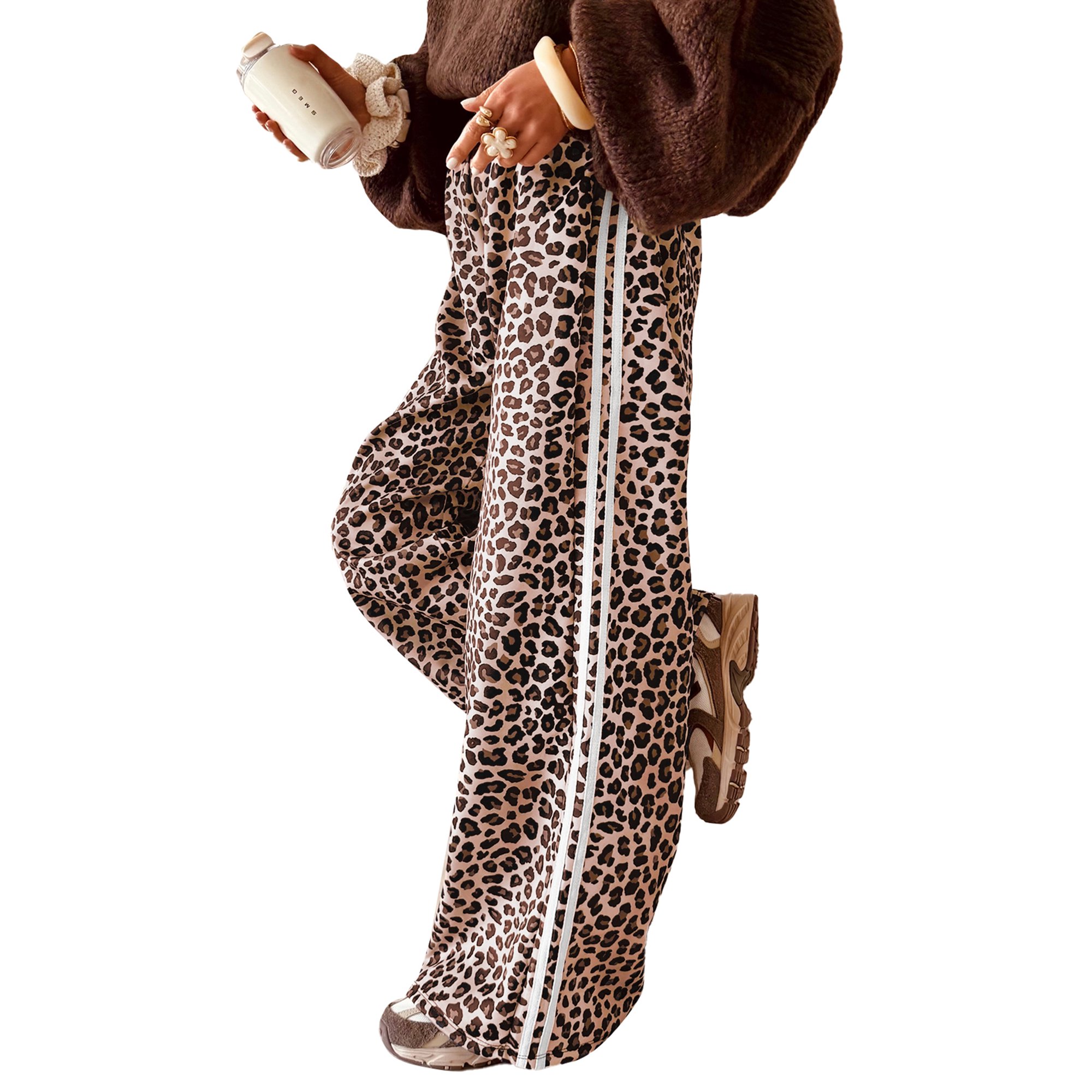 TinyCribz Women's Leopard Print Pants, Casual Wide Leg Striped Trousers XL