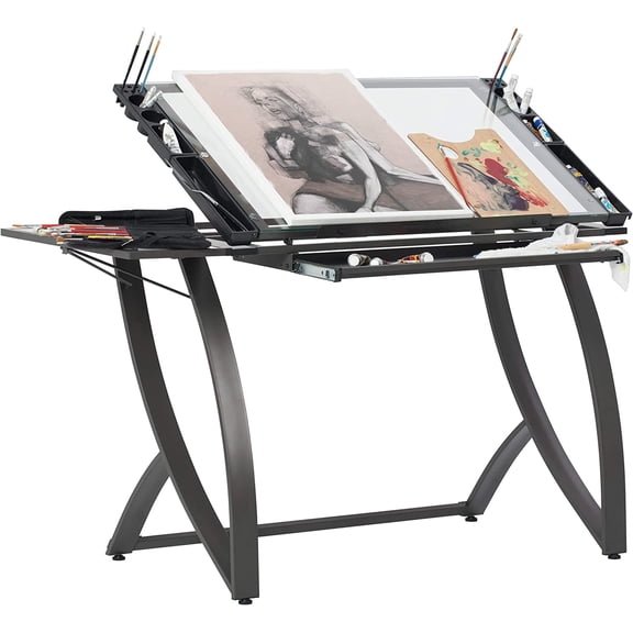 SD STUDIO DESIGNS Futura Luxe Drawing, Drafting, Craft Table with Drawer, 35" Wide Angle Adjustable Top and Side Shelf, Pewter Grey/Clear Glass