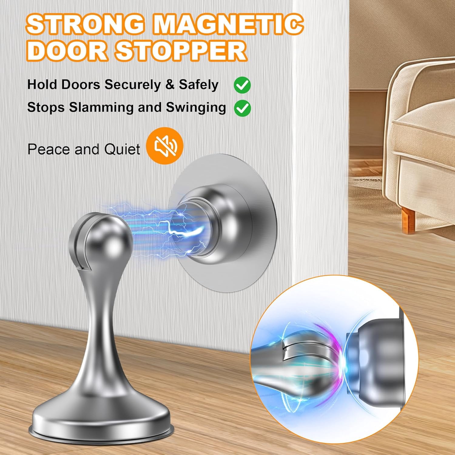 JJEAN-Magnetic Door Stoppers 1 Pack, Stainless Steel Door Stops for Wall and Floor Mounting, Door Holder Keep Door Open, No Drilling Door Stop with Adhesive Tapes, Silver