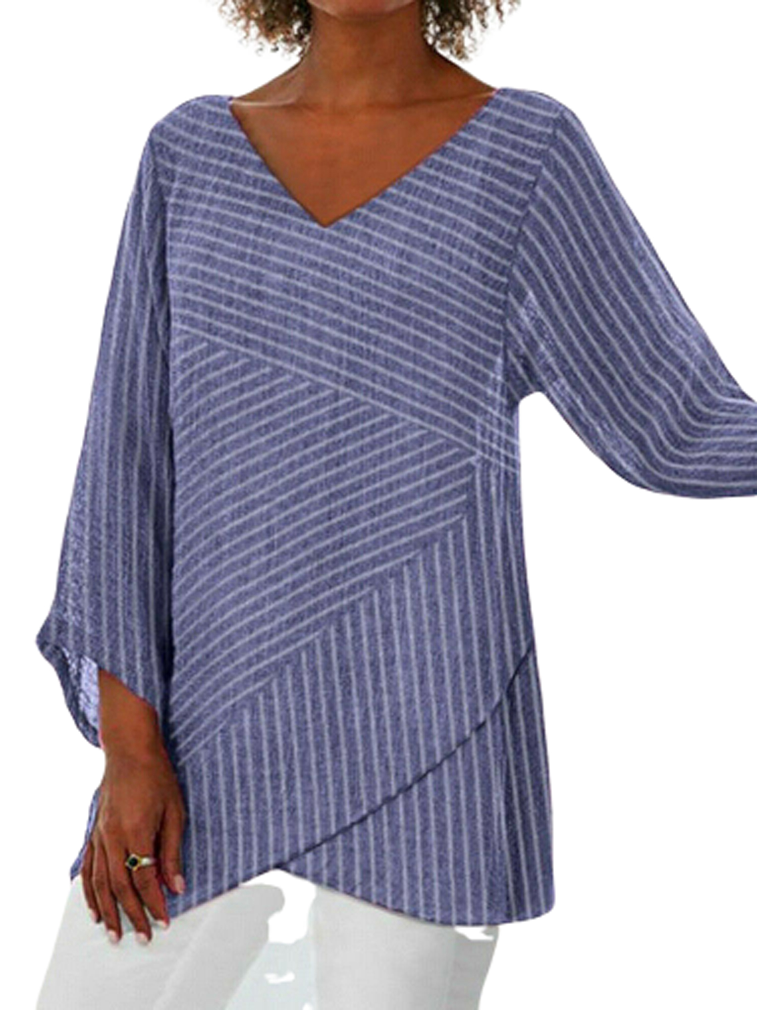 Women's Summer Striped V Neck Blouses Loose Baggy Tops Tunic T Shirts