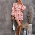 thumbnail image 4 of Jdlsppl Women's V Neck Romper Deep V Neck Jumper Shorts Jumpsuit Sexy Cotton Summer Floral Printed Long Sleeve Puff Sleeve Red 14, 4 of 4