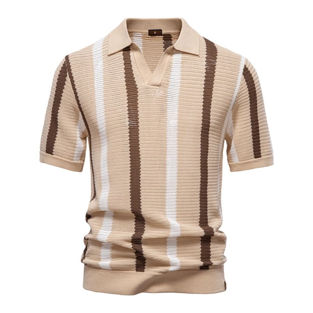 Ceisia Vertical Stripe Knit Top Men's Slim Fit Short Sleeve Casual Shirt Khaki L Gifts
