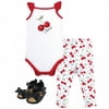 Hudson Baby Infant Girl Cotton Bodysuit, Pant and Shoe 3pc Set, Cherries, 0-3 Months