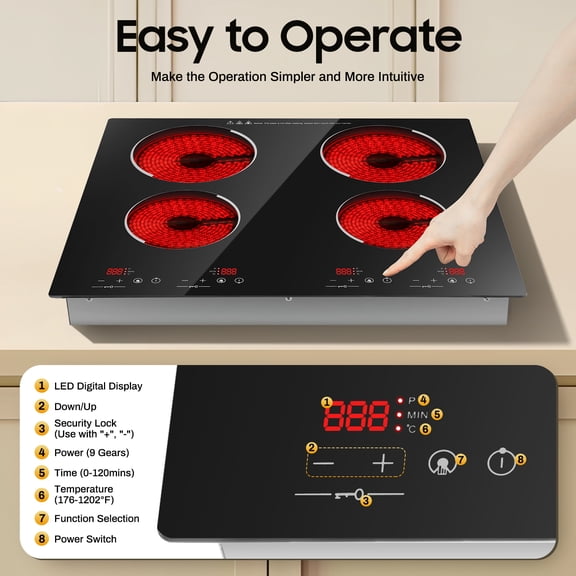ChicHomey 4 Burner Electric Ceramic Cooktop 3000W,Built-in & Countertop Portable Stove with LED Touch Control,for Home Kitchen or Commercial Use