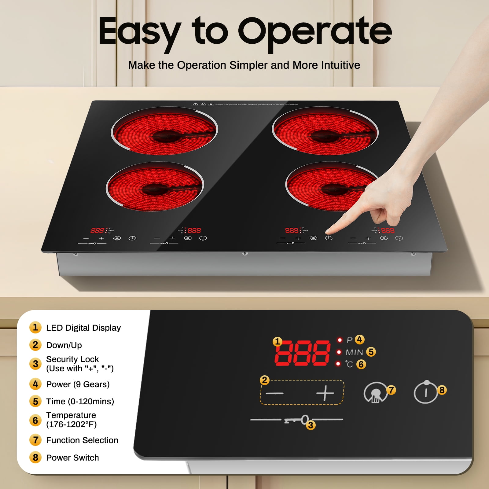 Fixartoo 3000W 4 Burner Electric Ceramic Cooktop, LED Touch Control 2H Timer,9 Heating Level 110V,Built-in or Countertop for Home Kitchen Restaurant