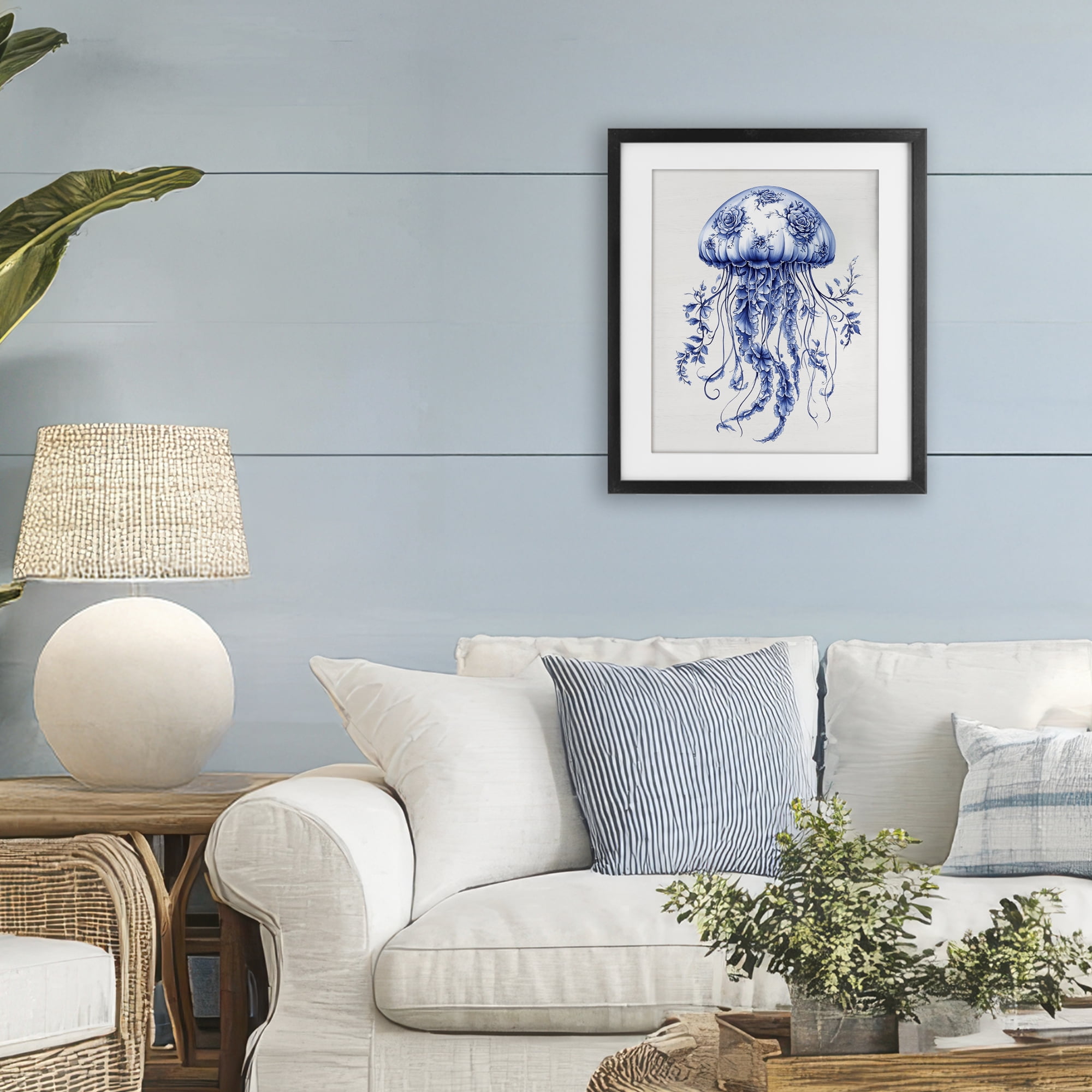 Funky Toile Jellyfish Black Framed Print Under Glass, design by Lettered and Lined