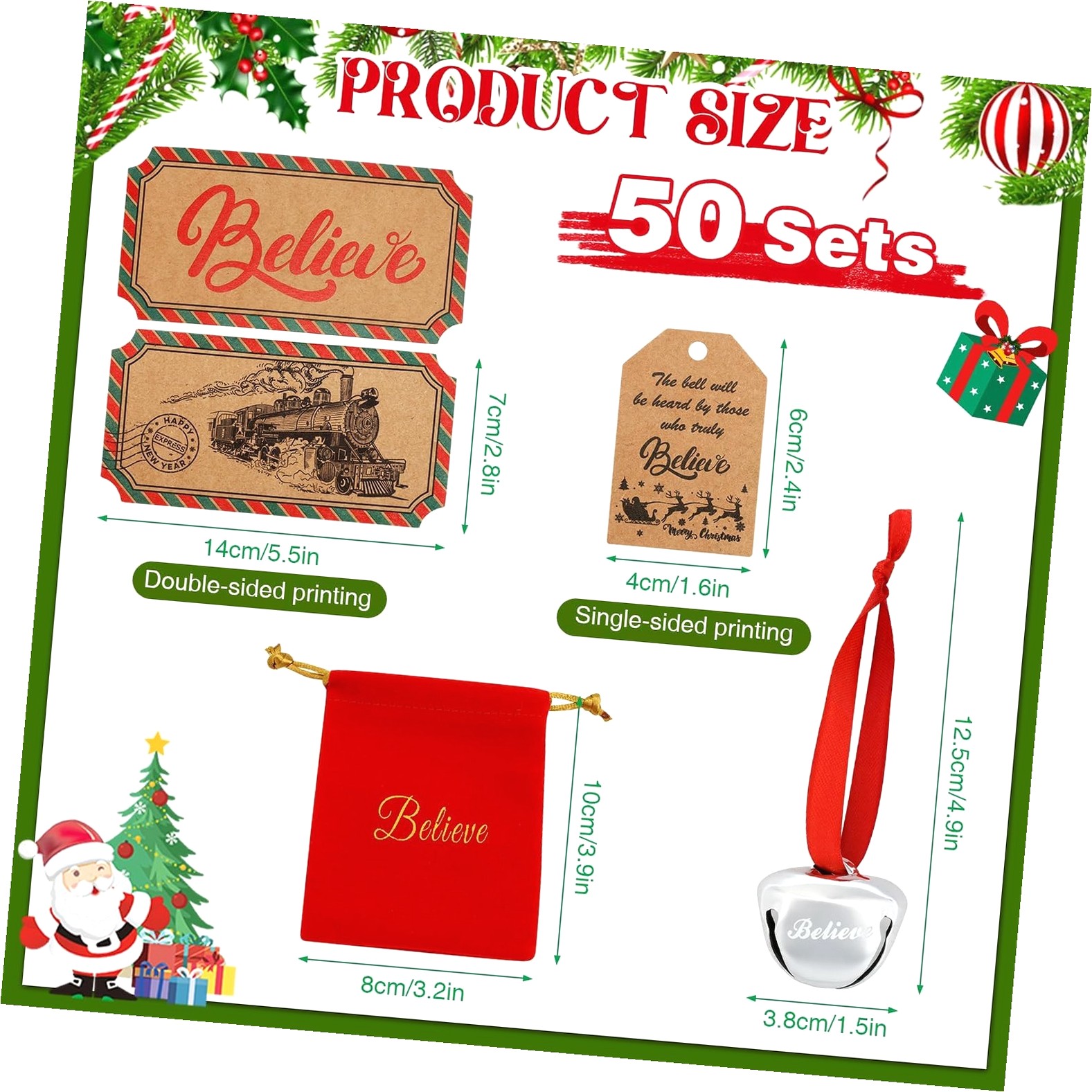 Fuliko 50 Sets Christmas Believe with Tags Red Velvet Bag, Christmas Jingle Tree Decoration for Xmas Tree Decorations Party