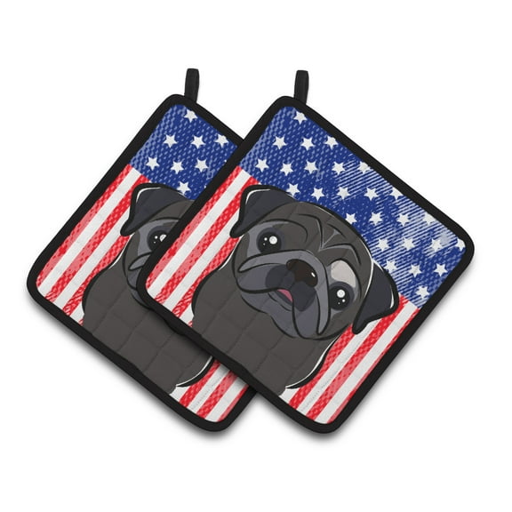 Carolines Treasures BB2193PTHD Flag and Black Pug Pair of Pot Holders , 7.5HX7.5W, multicolor