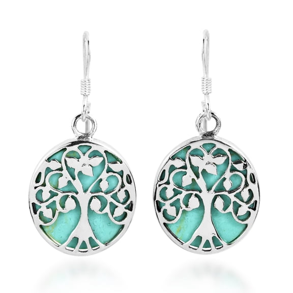 AeraVida Tree of Life with Green Turquoise Accents Sterling Silver Dangle Earrings