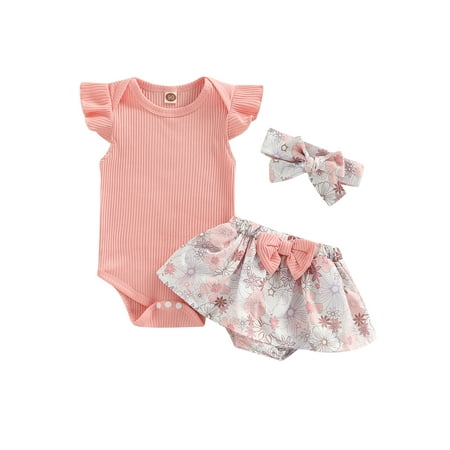 

wybzd Newborn Baby Girl Clothes Knitted Sleeveless Romper Floral Shorts Headband Outfits Pink 0-6 Months
