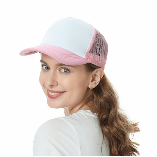 TOPTIE Adult 5 Panel Mid Profile Mesh Back Trucker Hat Foam Snapback Hat-Pink/White