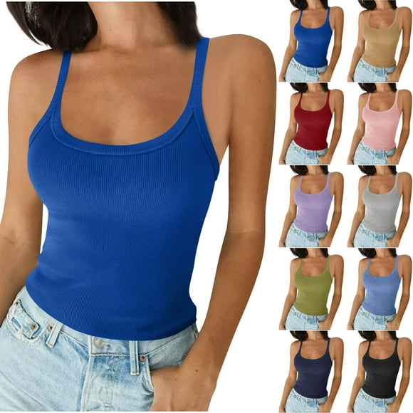 lcziwo Ribbed Tank Top for Women Built in Bra Sleeveless Casual Workout Shirts Spaghetti Strap Crop Cami Tops on Sale Khaki XL