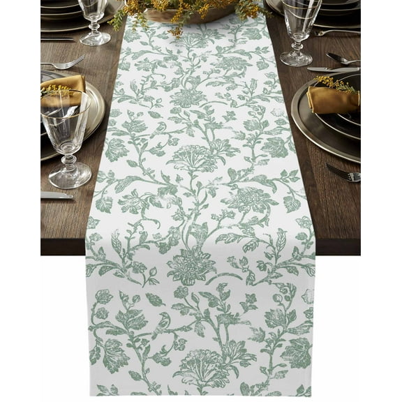 Vintage Pastoral Wild Flowers Table Runners 13x36 Inches Long Linen Burlap Table Runner, Sage Green Floral Leaves Table Cover Dresser Scarf for Kitchen Dining Holiday Party Wedding Gathering