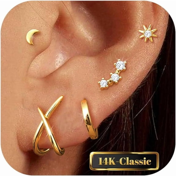 Hypoallergenic Gold Stud Earrings Stacks for Women Trendy-14K Gold Plated Cute Small Sterling Silver Earrings Dainty Flat Back Cartilage Earrings Sets for Multiple Piercings 5Pairs[k634]