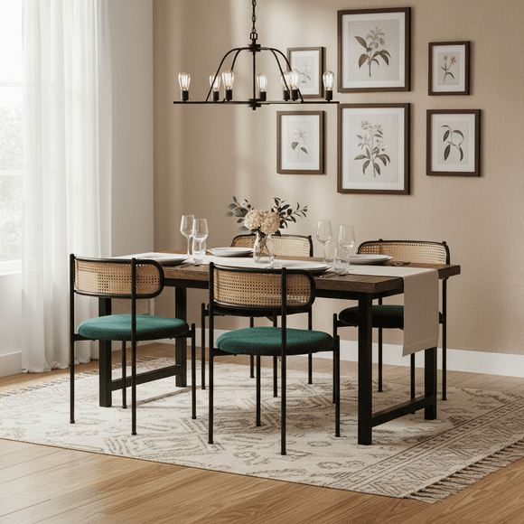Noble House Set of 4 Velvet Dining Chairs with PE Rattan Backrest, Sturdy Metal Legs,Green+Natural