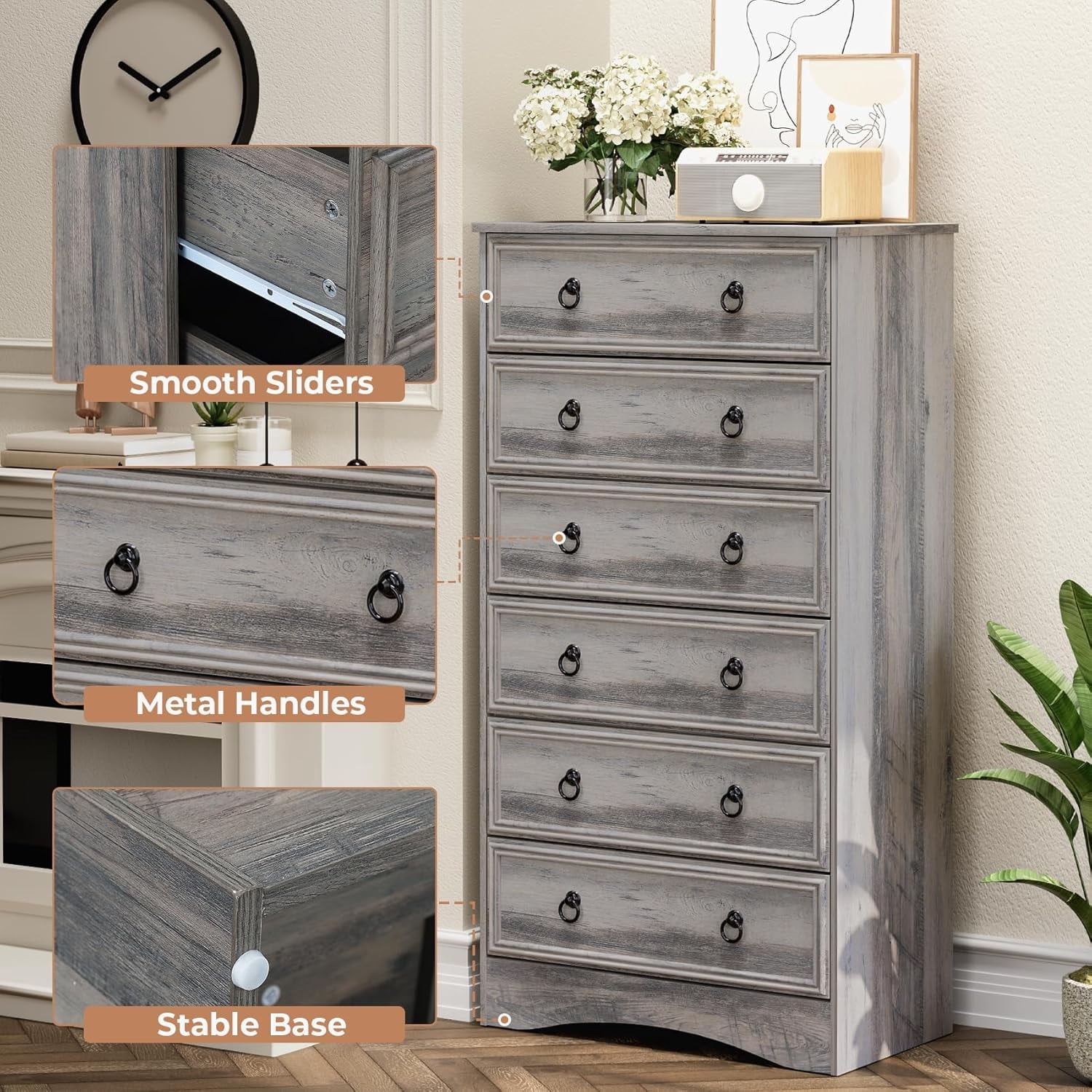 VVFLU Farmhouse 6 Drawers Dresser for Bedroom, Gray 52" Tall Dressers Chest of Drawer, Wooden Vertical Dresser for Bedroom Hallway