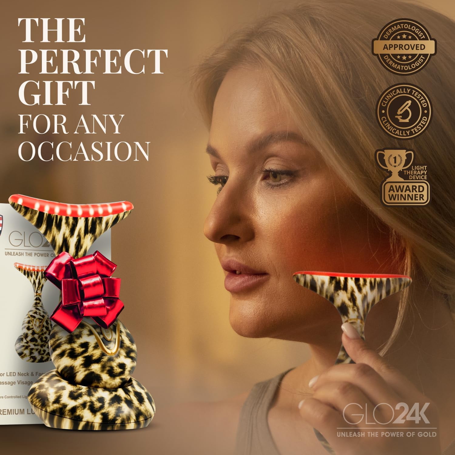 GLO24K Red Light for Face and Neck Beauty Device – Triple LED Action & Vibration Technology Facial Massager and Neck Comfort Device for Women